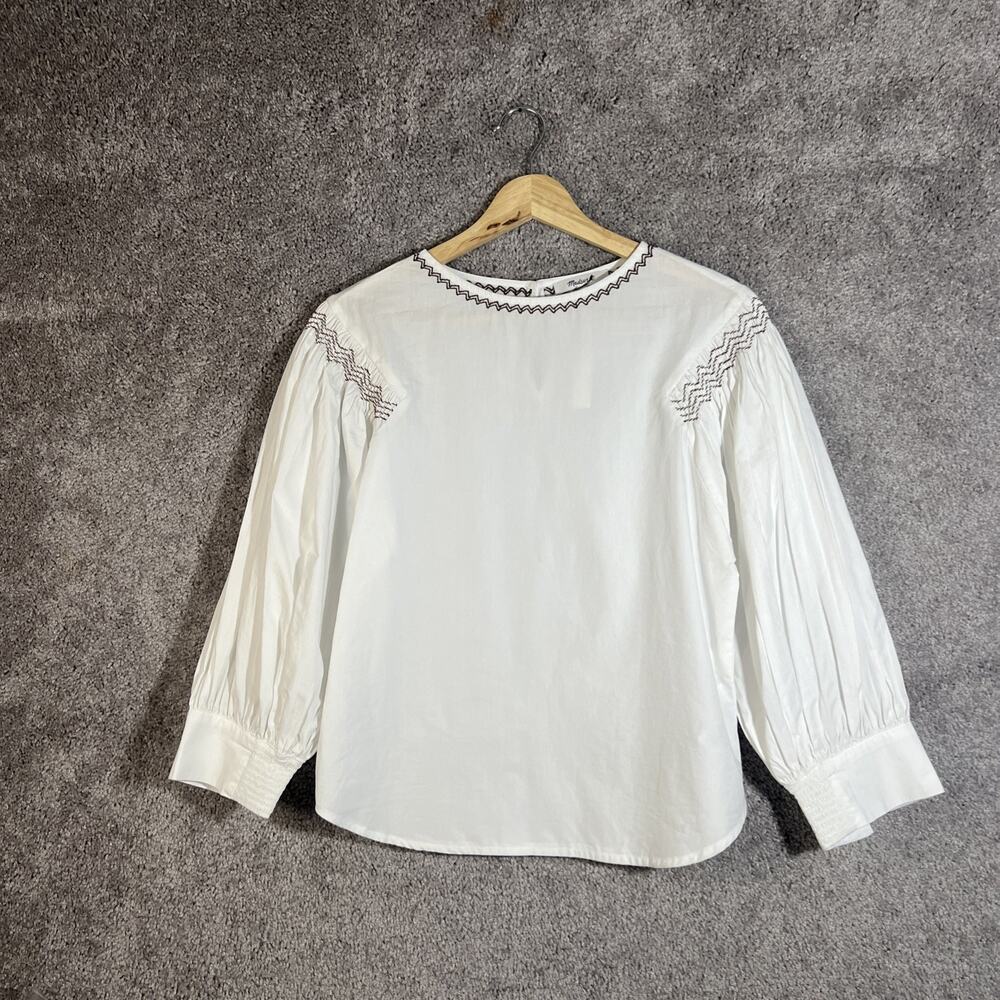 Madewell Women’s XXS White Embroidered Trim Boho Cotton Blouse 3/4 Sleeve Top